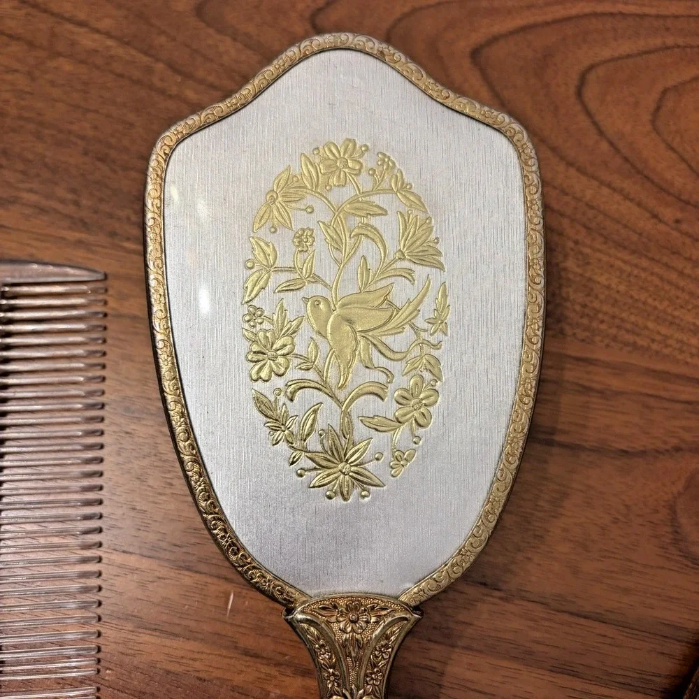 Vintage 1950s Hollywood Regency Gold Plated Mirror Brush Comb Vanity Set Bird